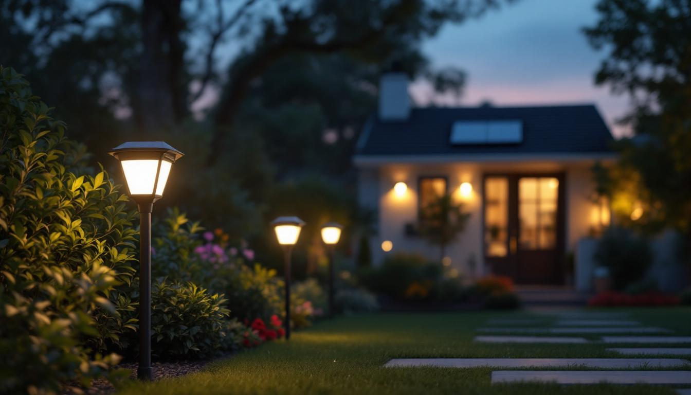 A photograph of a well-lit outdoor space featuring solar security lights strategically placed around a home or garden