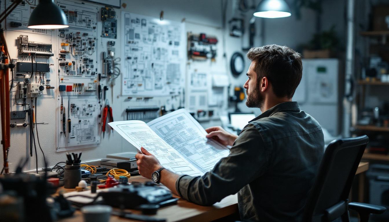 A photograph of a focused electrical engineer analyzing complex circuit diagrams in a well-lit workspace