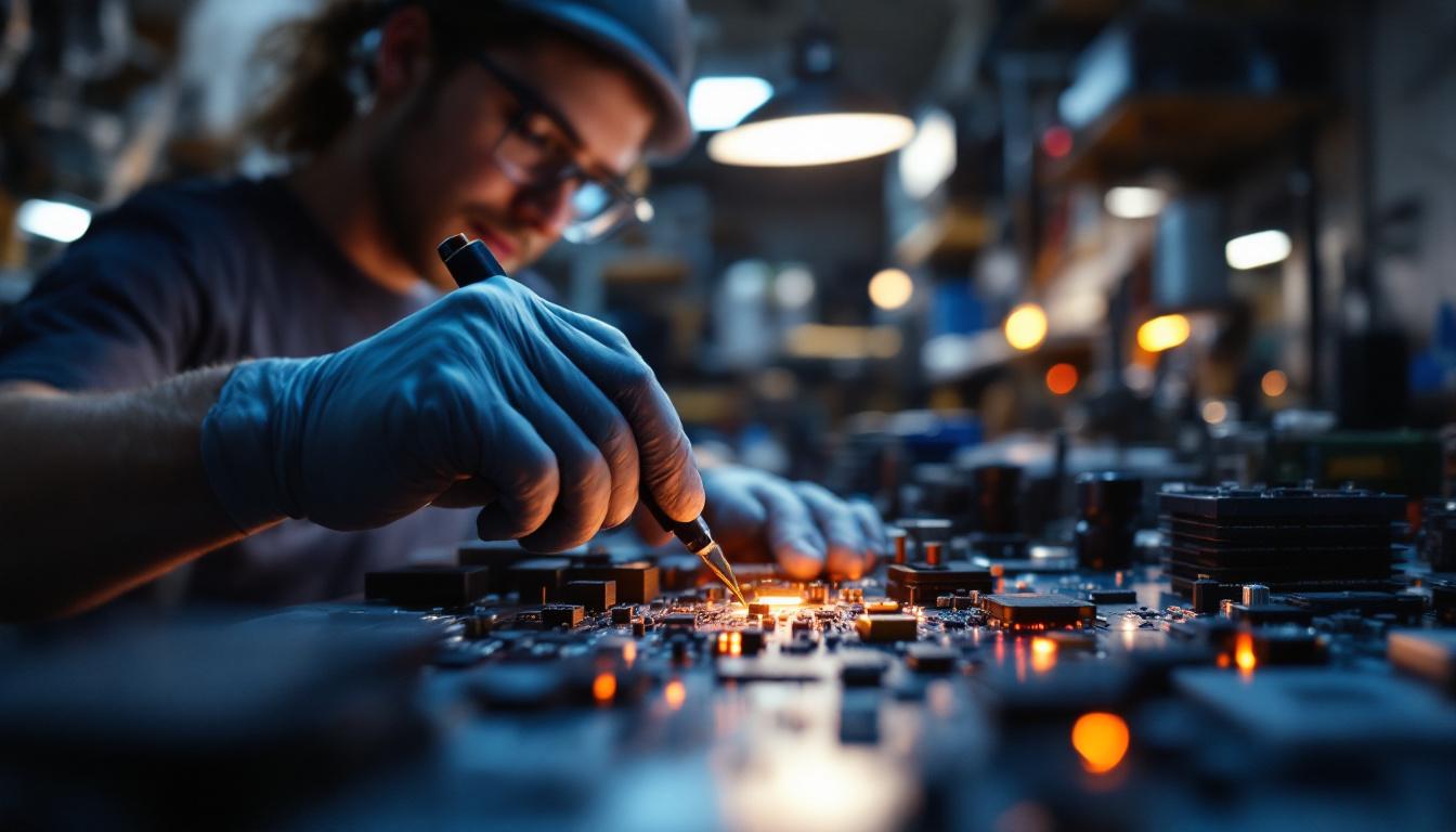 A photograph of a skilled electrical engineer working with phoenix fixtures in a well-lit workshop