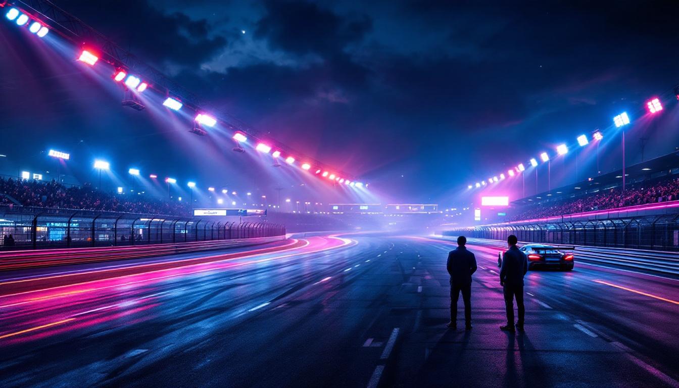 A photograph of a vibrant race track illuminated at night