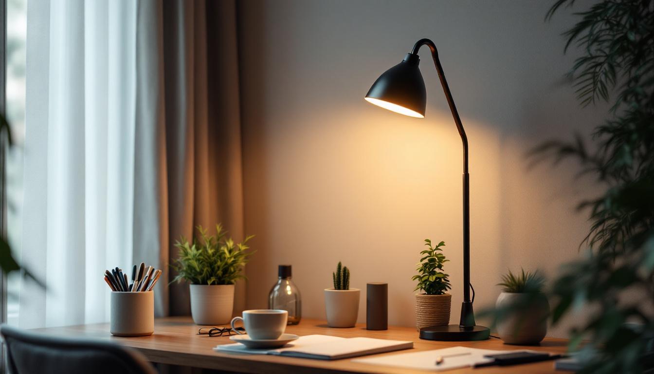 A photograph of a stylish gooseneck fixture illuminating a cozy workspace