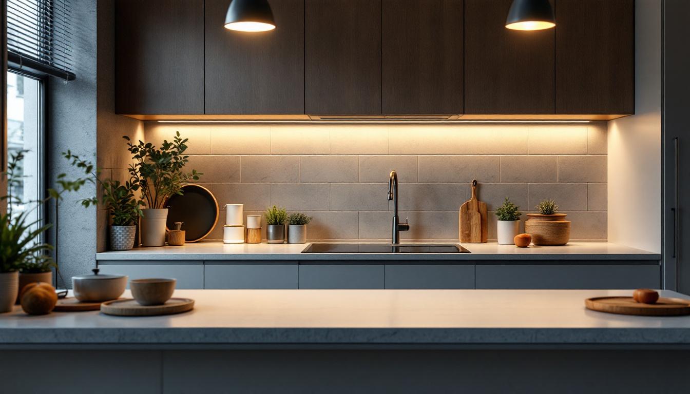 A photograph of a modern kitchen featuring various types of can lights in use