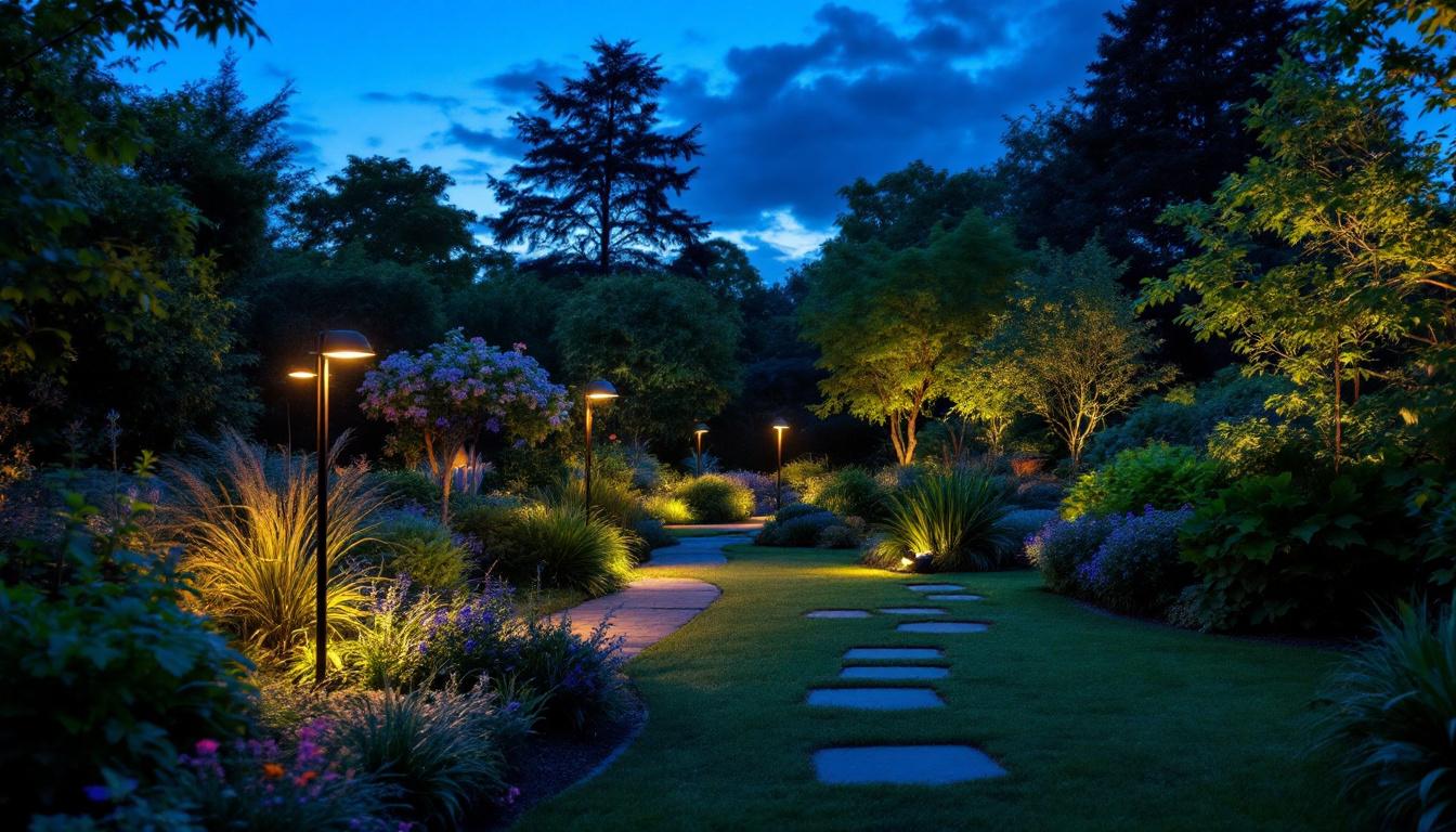 A photograph of a beautifully illuminated garden at dusk