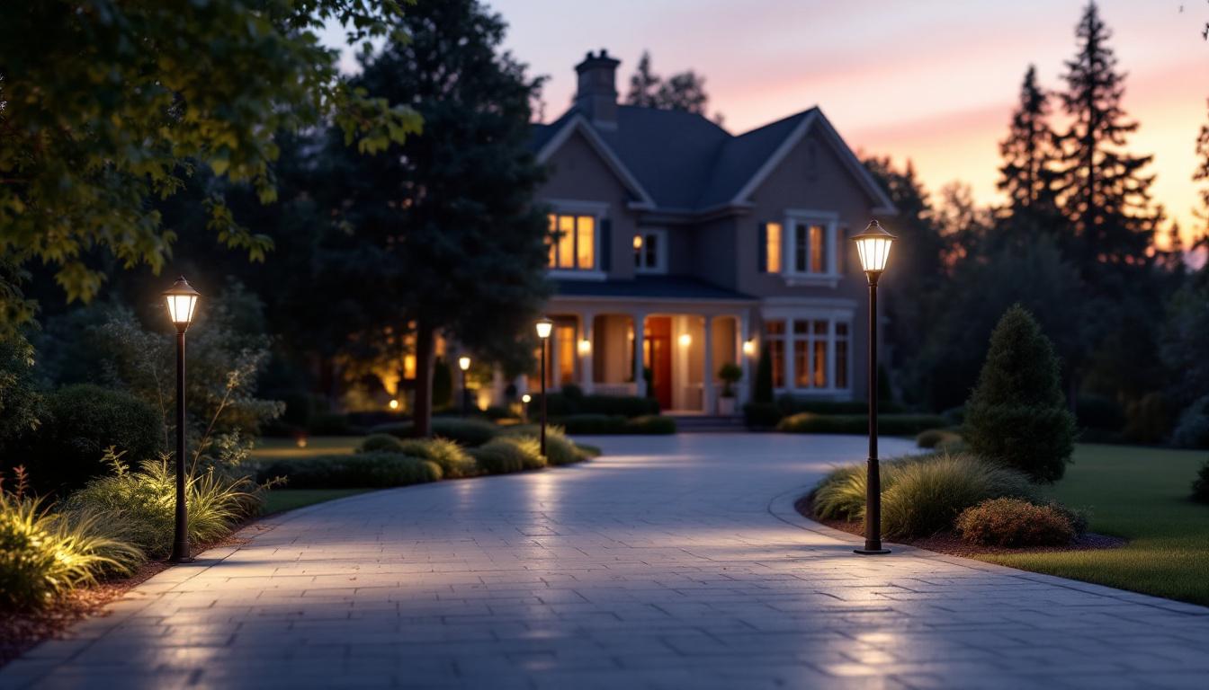 A photograph of a beautifully lit driveway featuring elegant pole lights