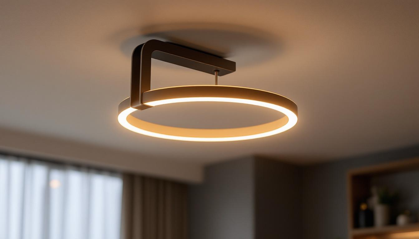 A photograph of a modern ceiling light fixture with an innovative bracket design