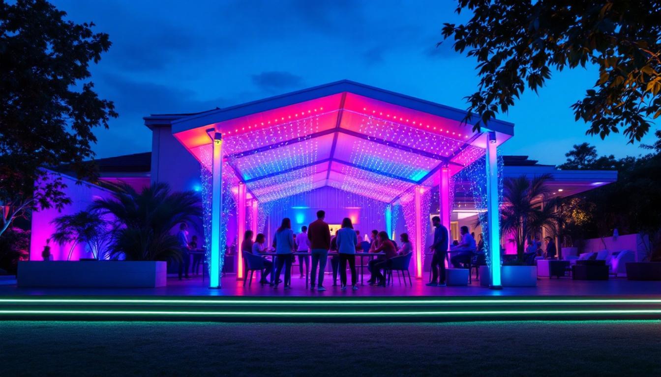 A photograph of a beautifully illuminated outdoor canopy at dusk