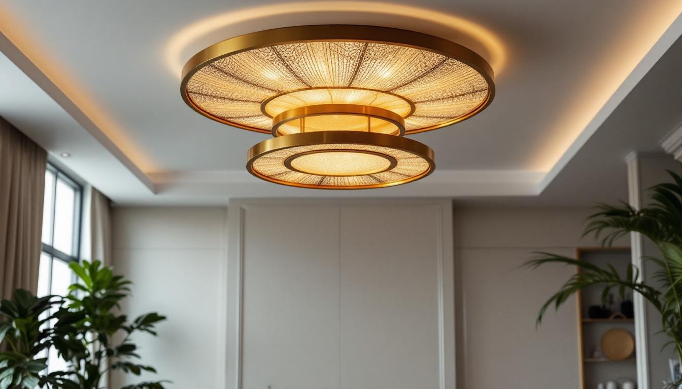 A photograph of a beautifully designed custom ceiling light fixture in a stylish interior setting