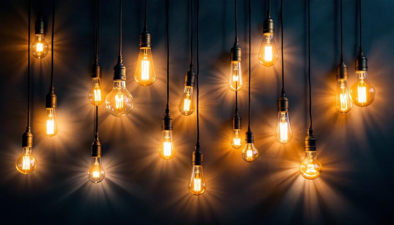 A photograph of a well-designed wall installation featuring an array of stylish light bulbs in various shapes and sizes