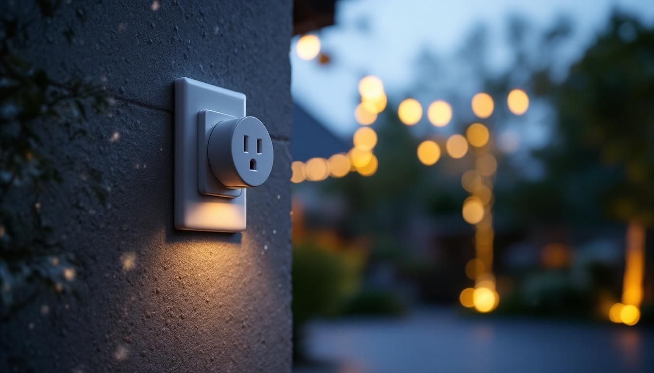 A photograph of a weatherproof outdoor light socket extender installed in a beautifully lit outdoor setting