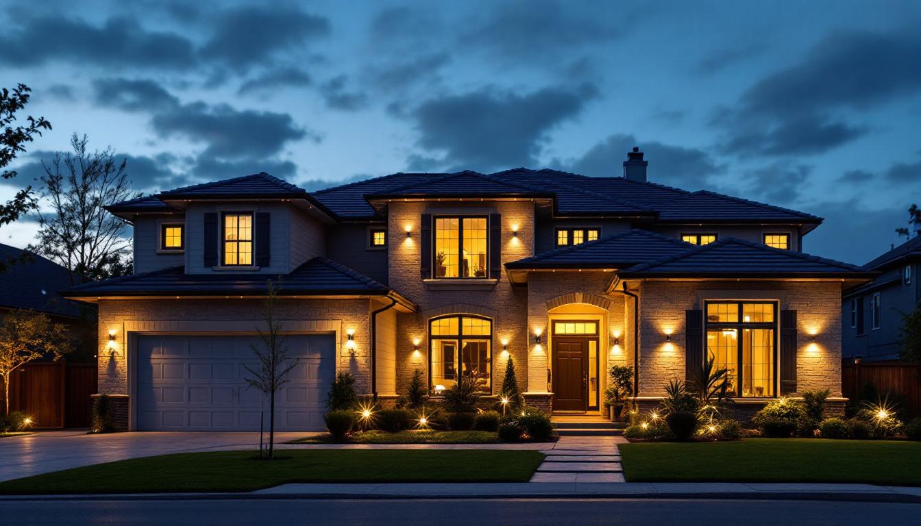 A photograph of a well-lit residential exterior at dusk