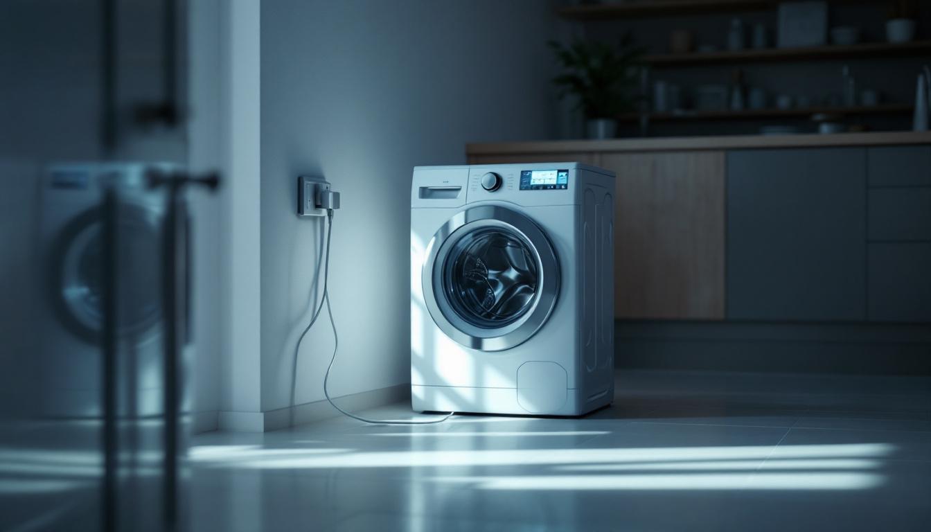 A photograph of a modern laundry room featuring a washer machine plugged into a well-placed outlet