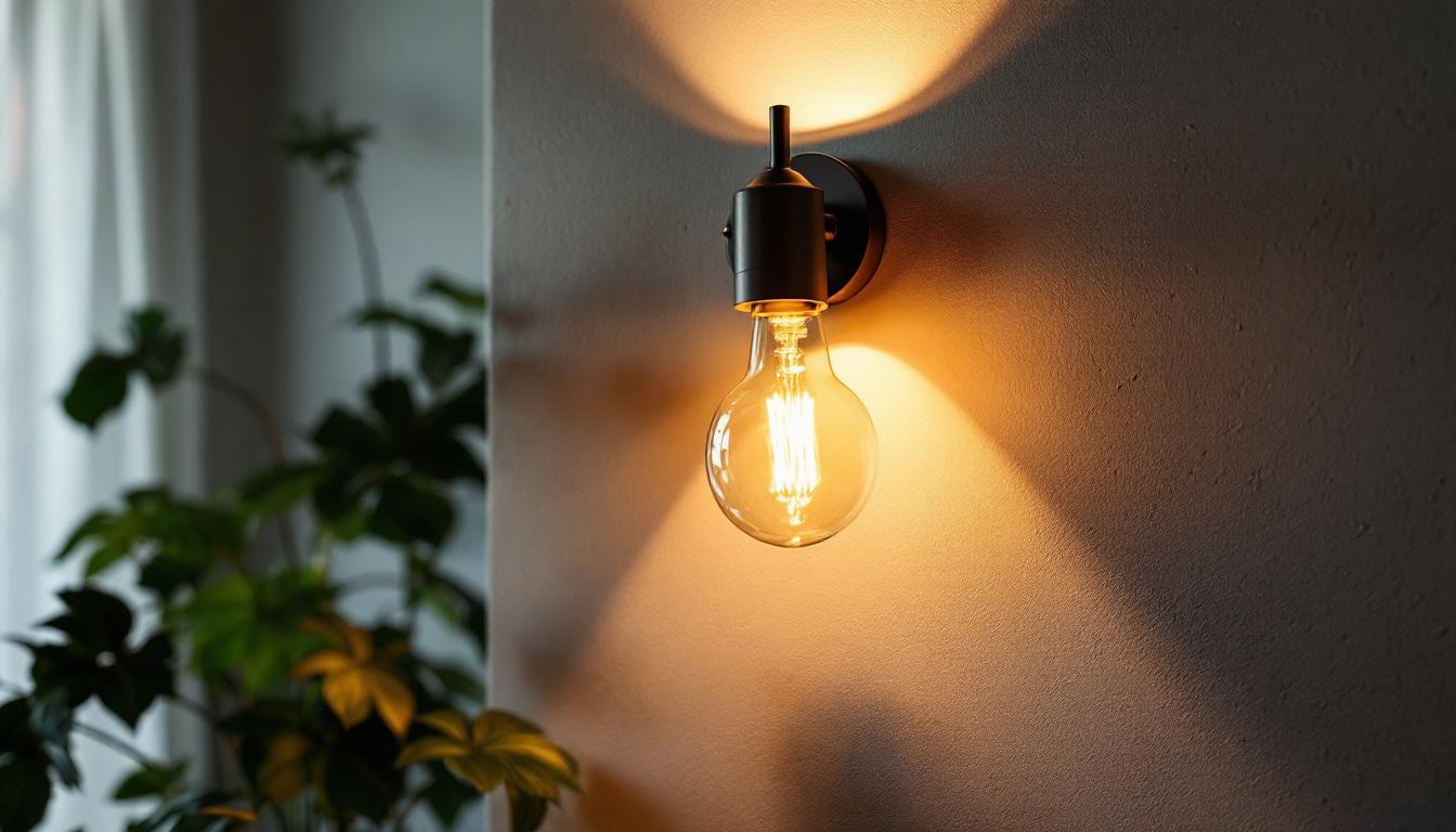 A photograph of a stylish wall sconce lighting fixture illuminated in a cozy interior setting