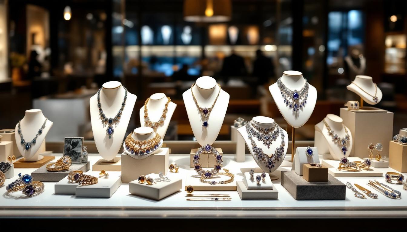 A photograph of a beautifully arranged jewelry display under various lighting conditions