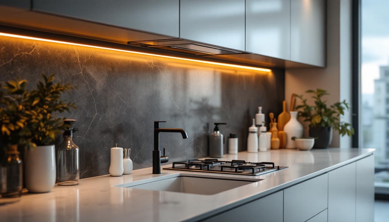 A photograph of a stylish kitchen featuring track lighting installed under the cabinets