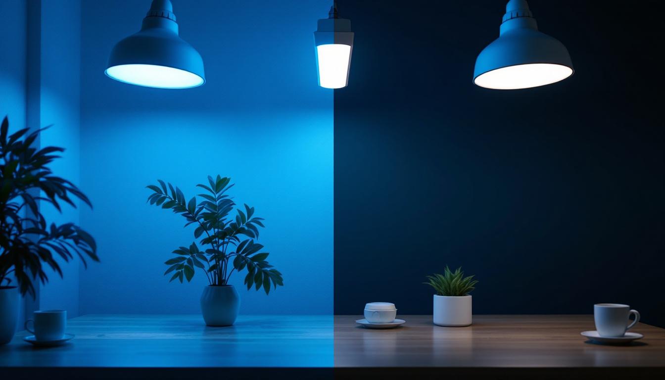 A photograph of a side-by-side comparison of a fixture fluorescent t5 light and other types of lighting fixtures in a well-lit environment