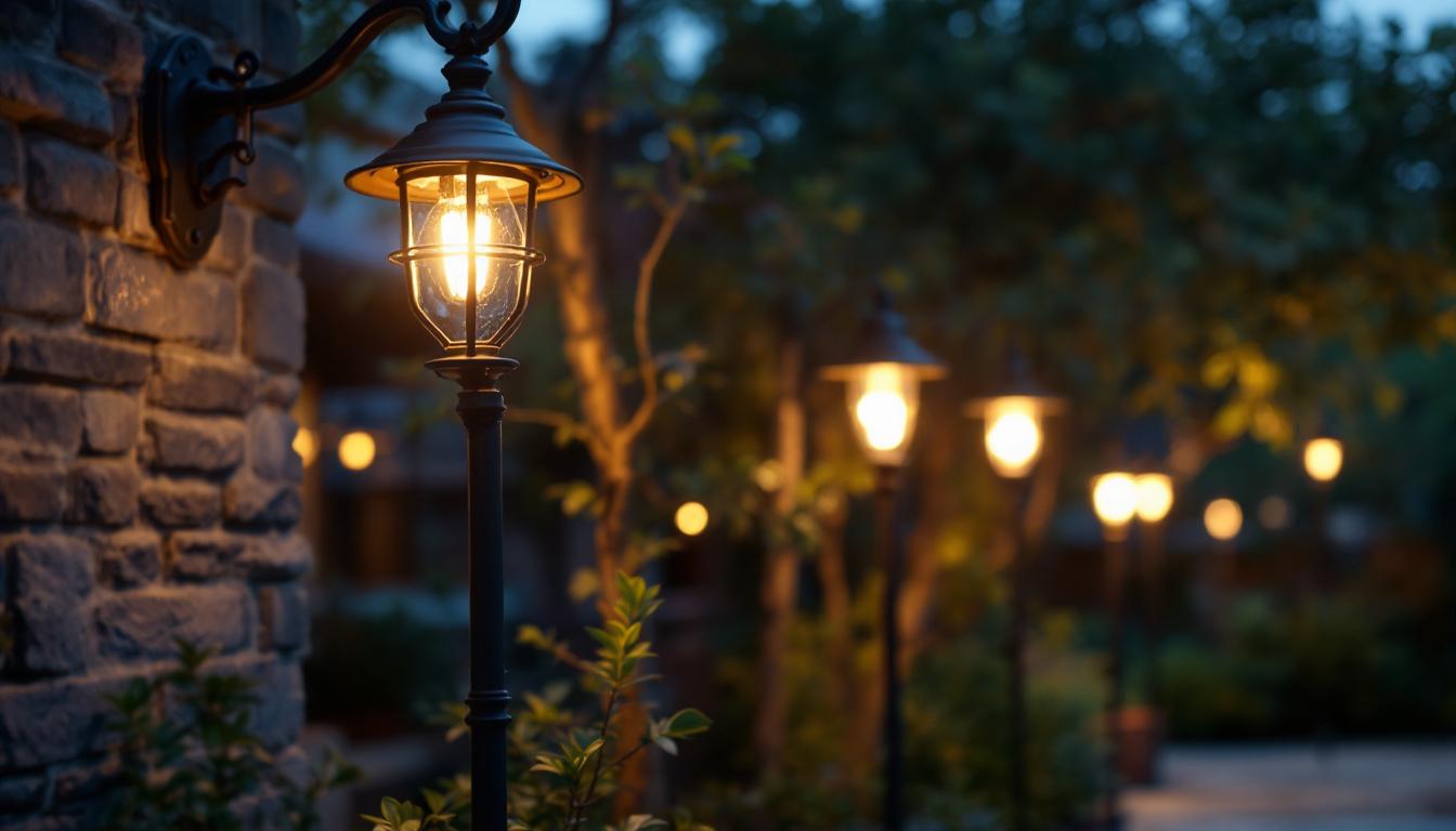 A photograph of a well-lit outdoor setting showcasing various styles of outdoor lights