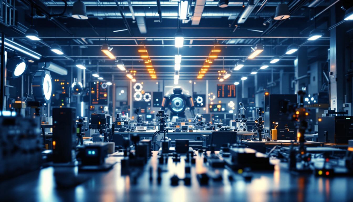A photograph of a well-lit engineering workspace
