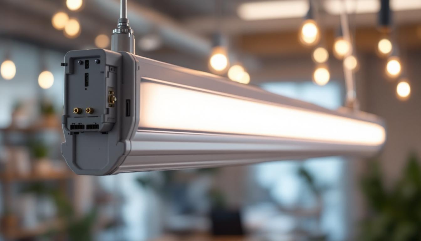 A photograph of a close-up of a f96t8 ballast installed in a lighting fixture