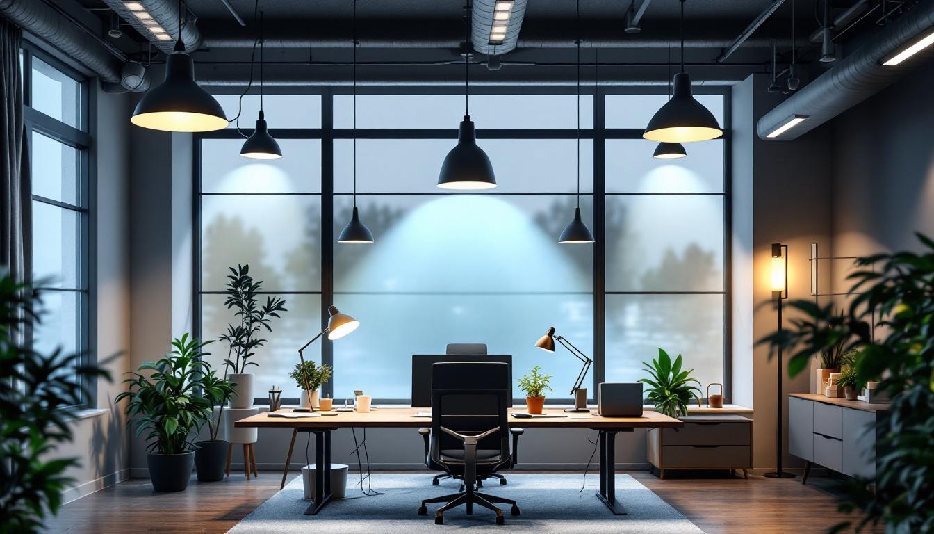 A photograph of a modern office space featuring a variety of lighting options