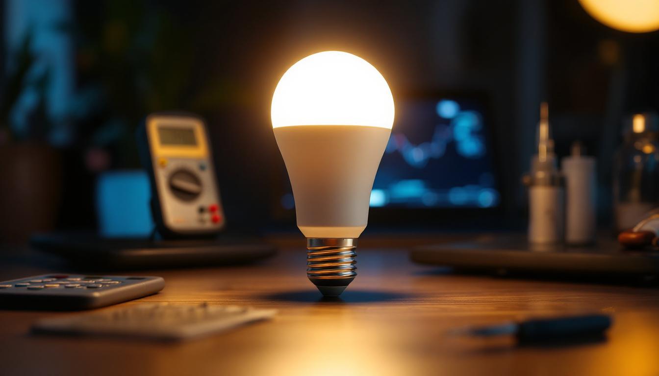 A photograph of a close-up of a 9w led bulb illuminated in a modern setting