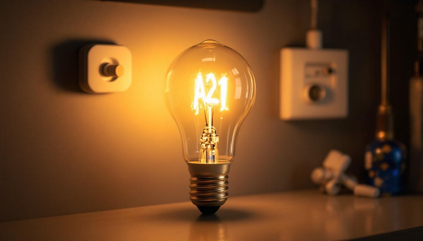 A photograph of a close-up shot of an a21 bulb illuminated in a stylish setting