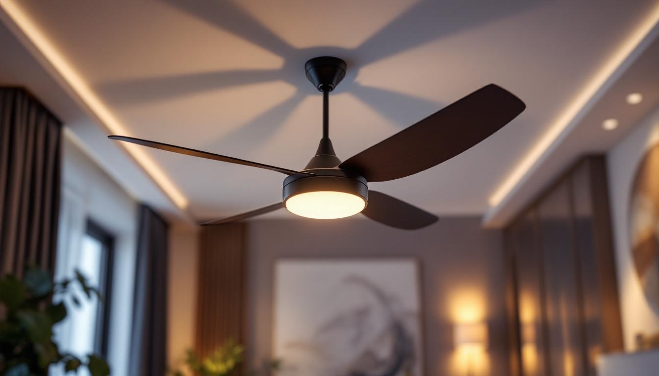 A photograph of a stylish ceiling fan in a modern living space