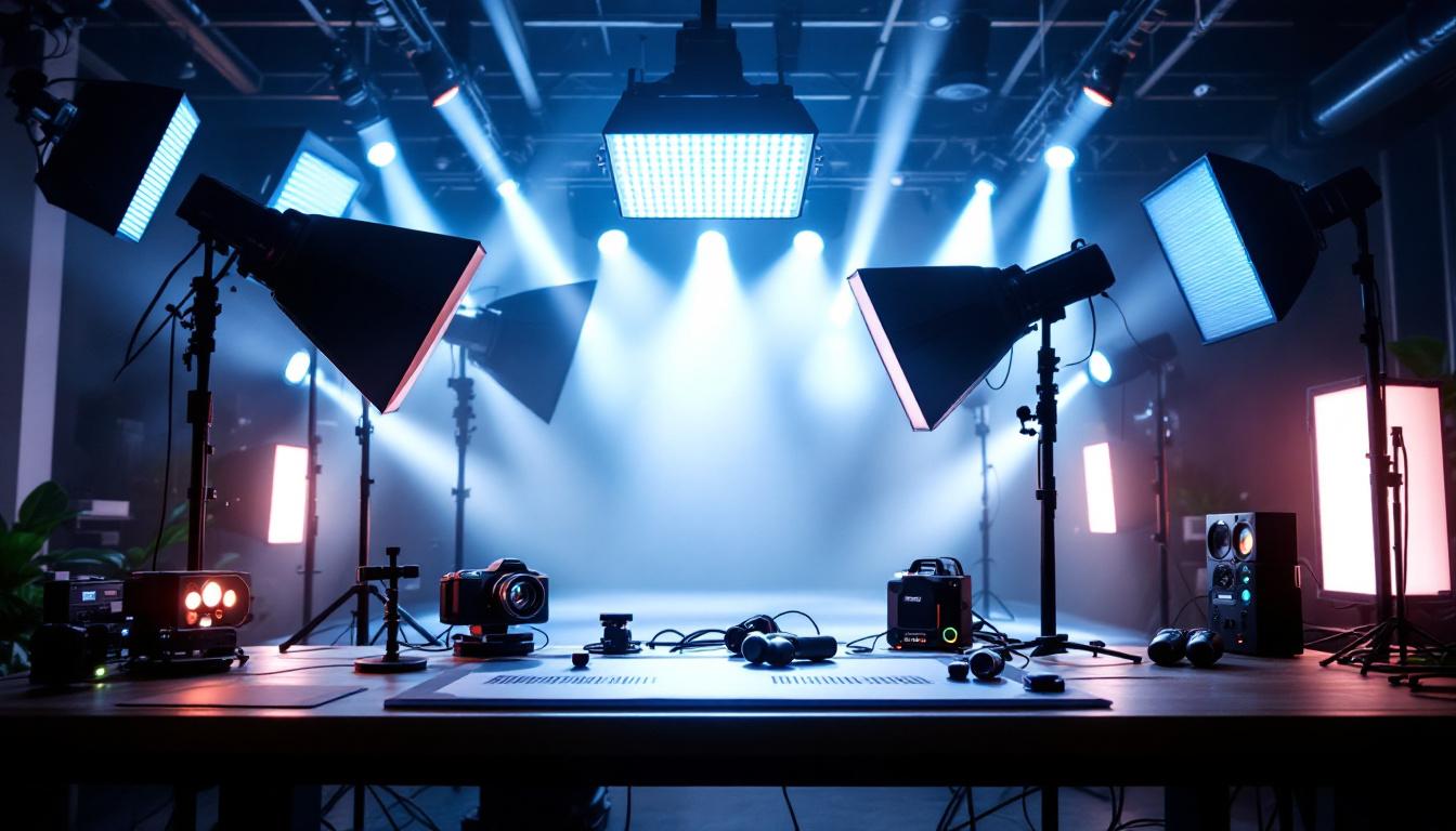 A photograph of a high-tech lighting setup showcasing various light sources emitting 9000 lumens