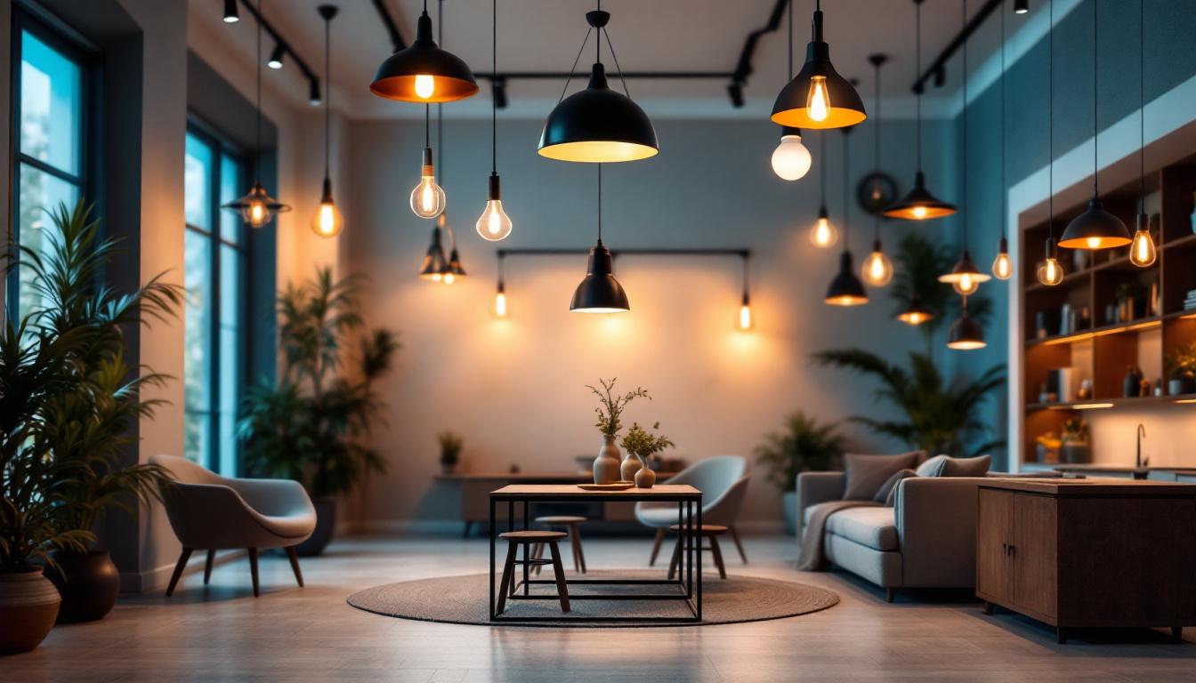 A photograph of a beautifully designed indoor space featuring a variety of hanging light fixtures