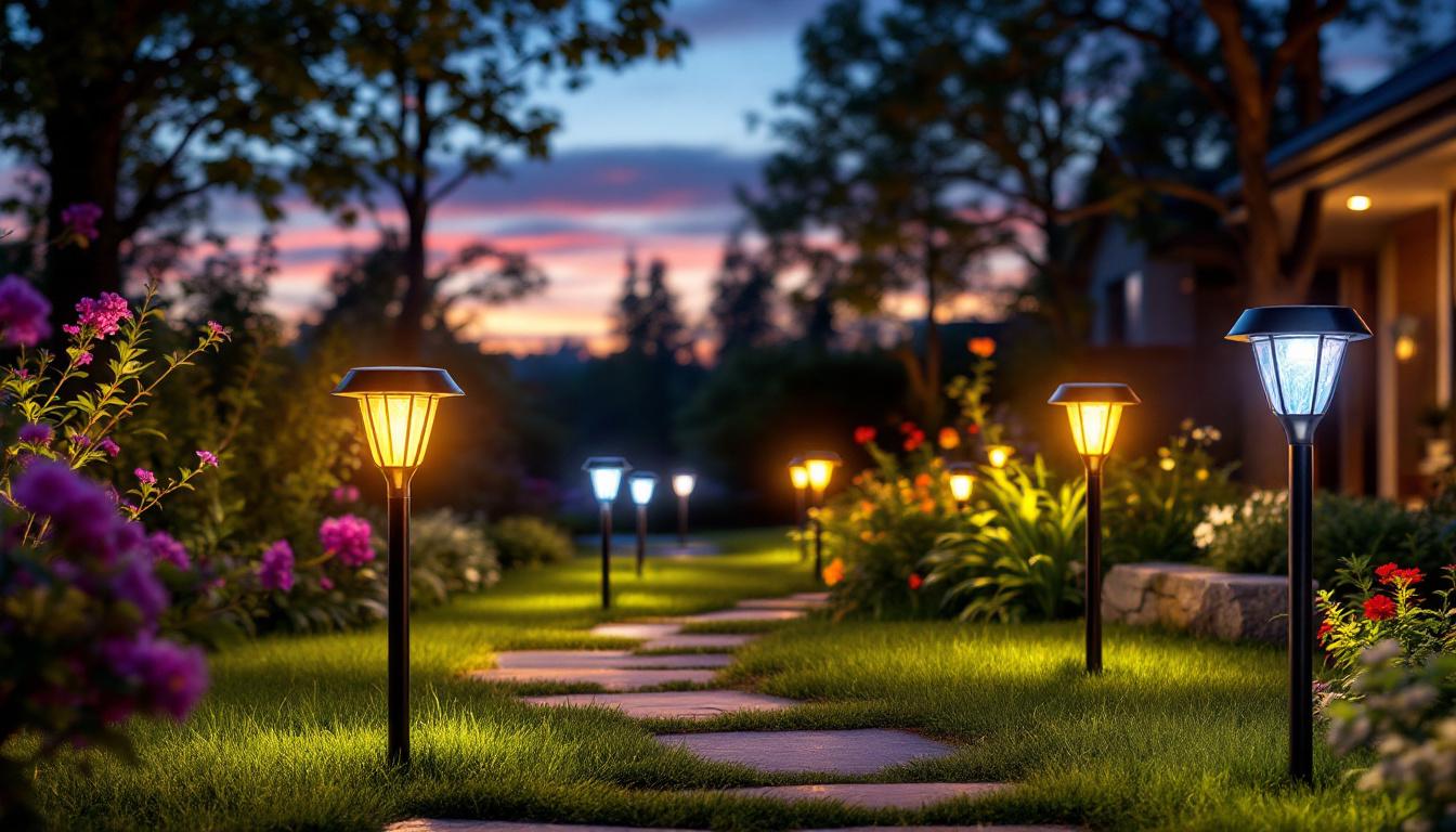 A photograph of a vibrant outdoor scene featuring various styles of solar lights illuminating a garden or pathway