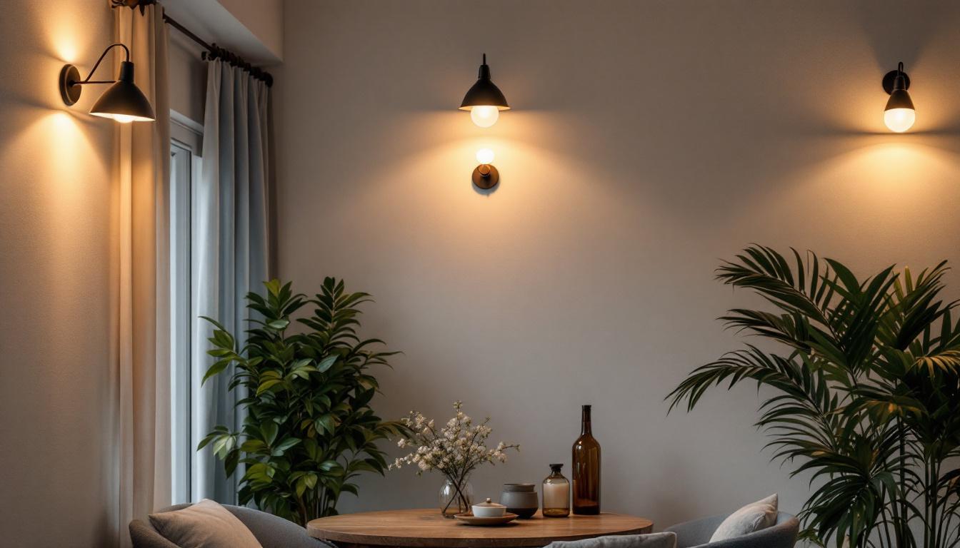 A photograph of a beautifully designed interior space showcasing a harmonious blend of wall lights and ceiling lights