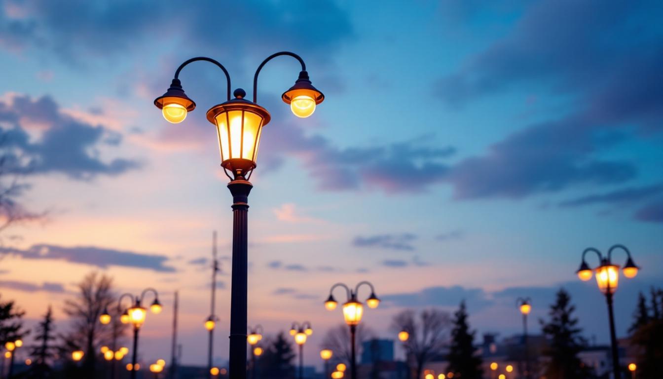 A photograph of a well-lit urban street scene featuring various lamp posts