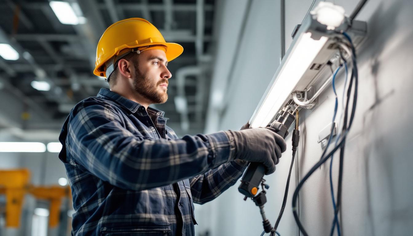 A photograph of a skilled engineer or technician working on the installation or replacement of a t8 ballast in a well-lit environment