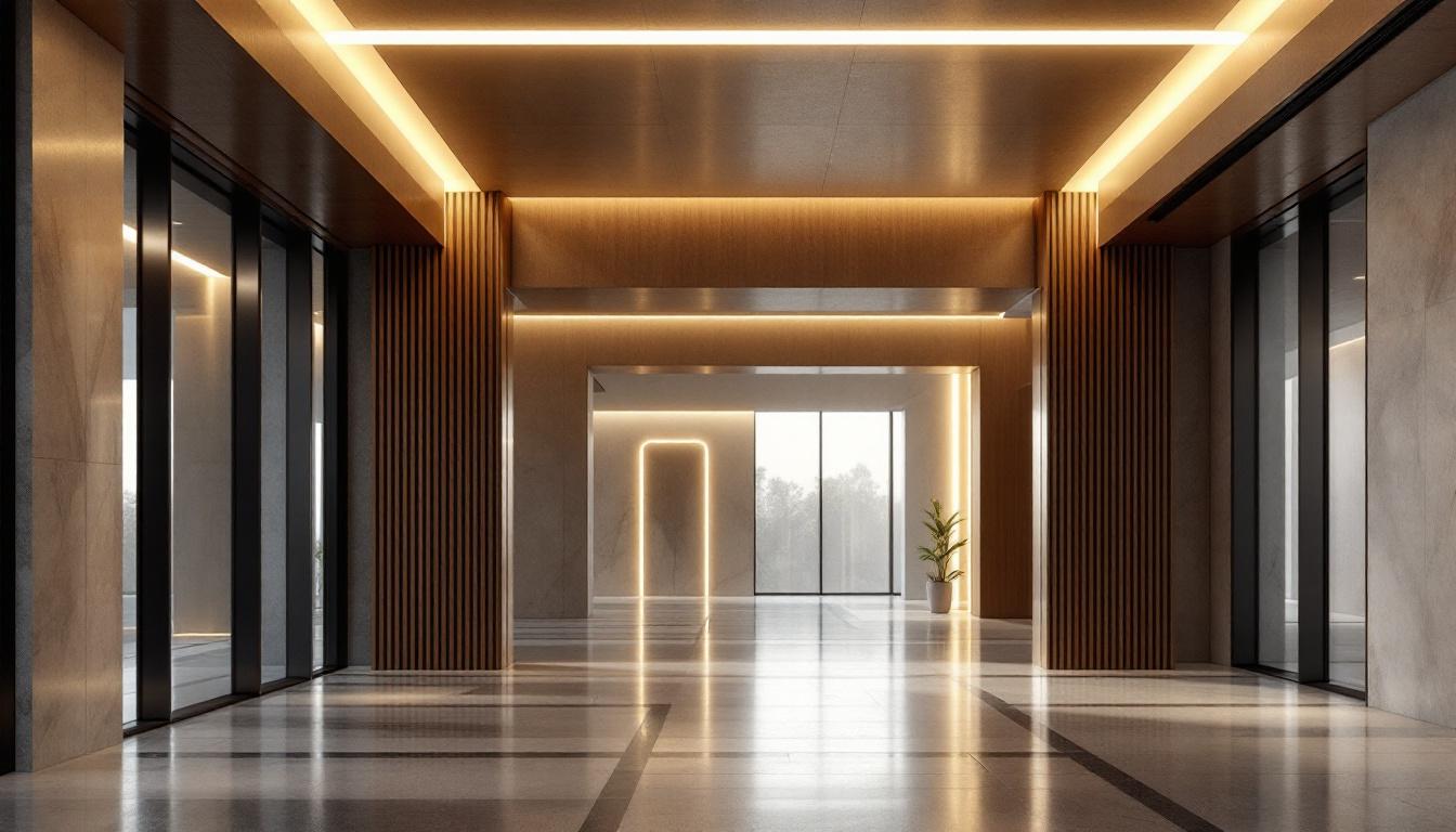 A photograph of a modern lighting installation in an architectural space