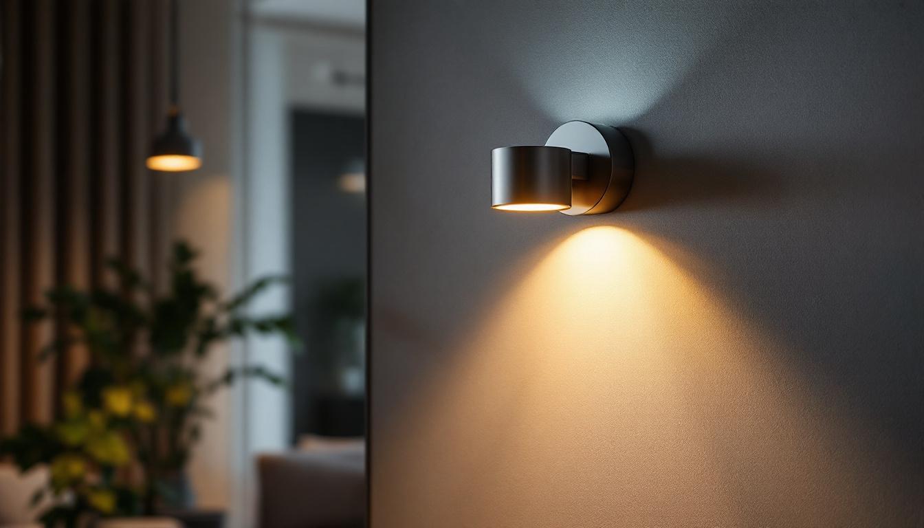 A photograph of a stylish directional wall sconce installed in a modern interior setting
