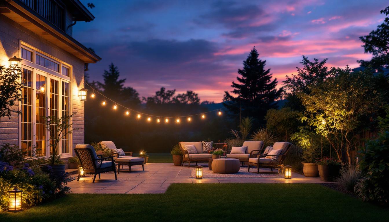 A photograph of a beautifully illuminated patio at dusk