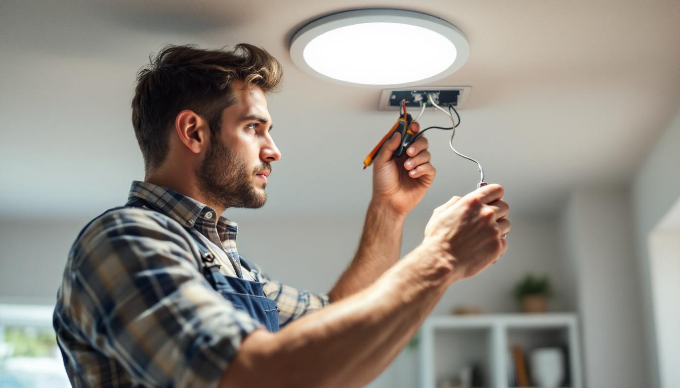 A photograph of a skilled electrical engineer installing a recessed light conversion kit in a modern home setting