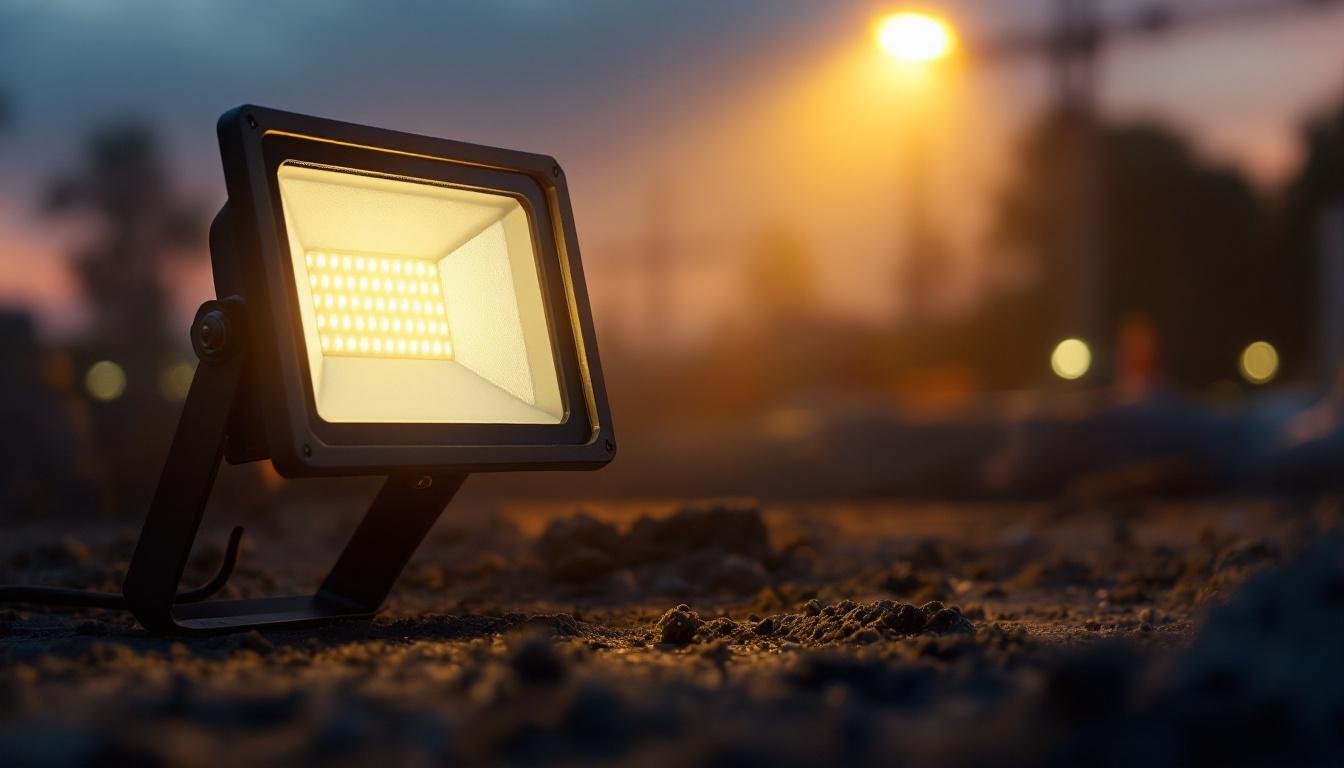 A photograph of a 400w led flood light illuminating a construction site or outdoor area at dusk