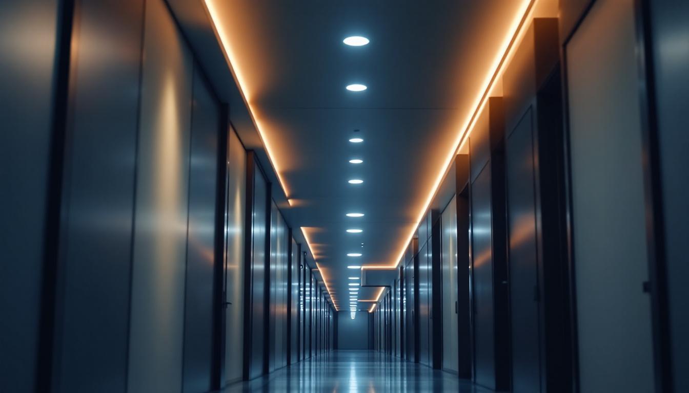A photograph of a beautifully illuminated hallway featuring modern led ceiling lights