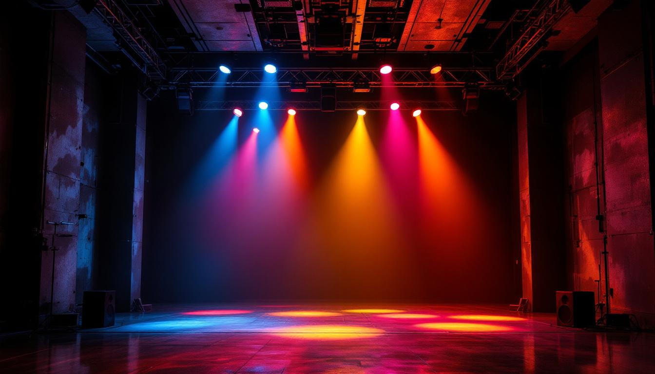 A photograph of a dynamic performance space showcasing a contrast between industrial and commercial recessed stage lighting designs
