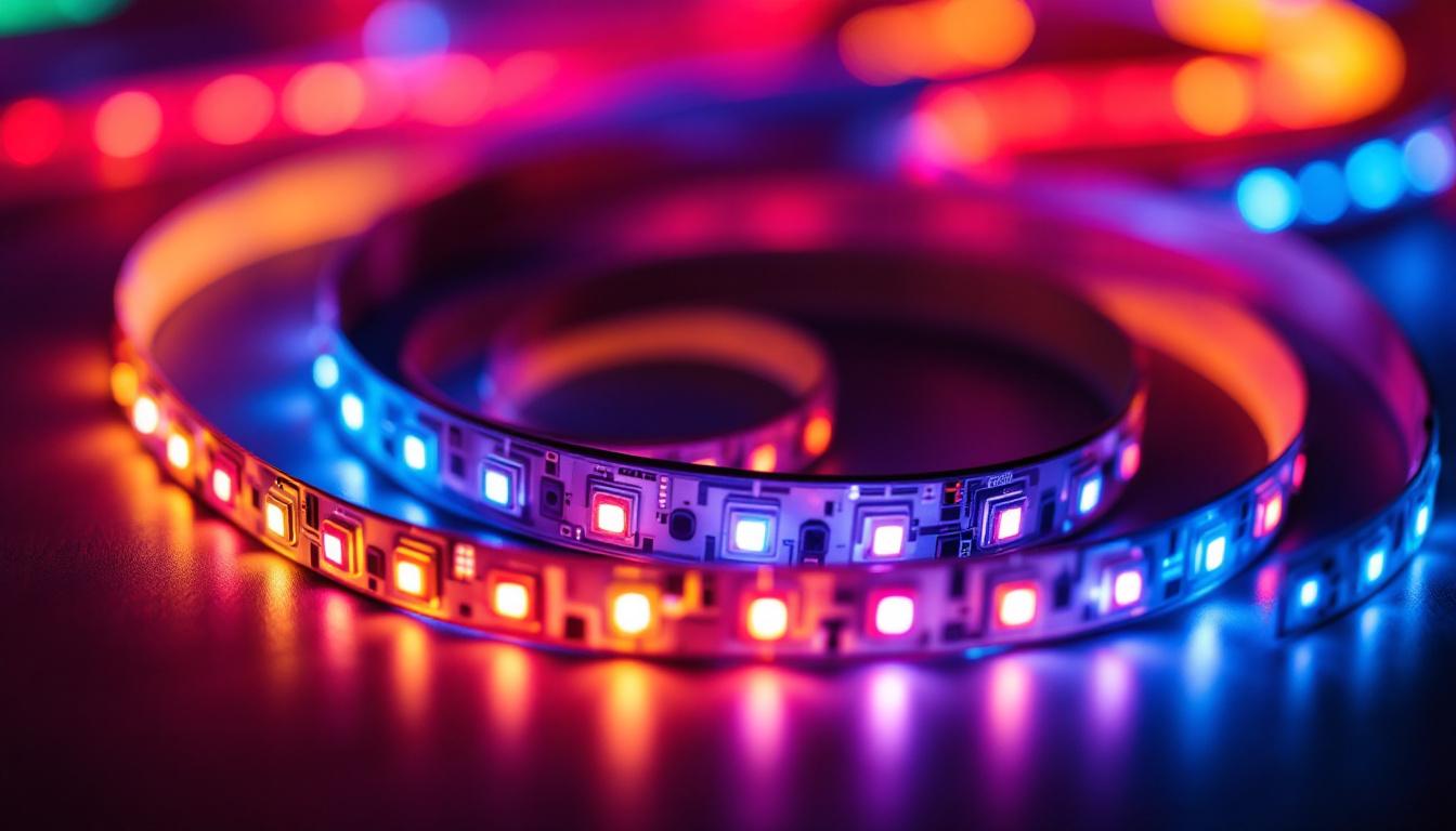 A photograph of a close-up shot of vibrant led strip lights in various settings