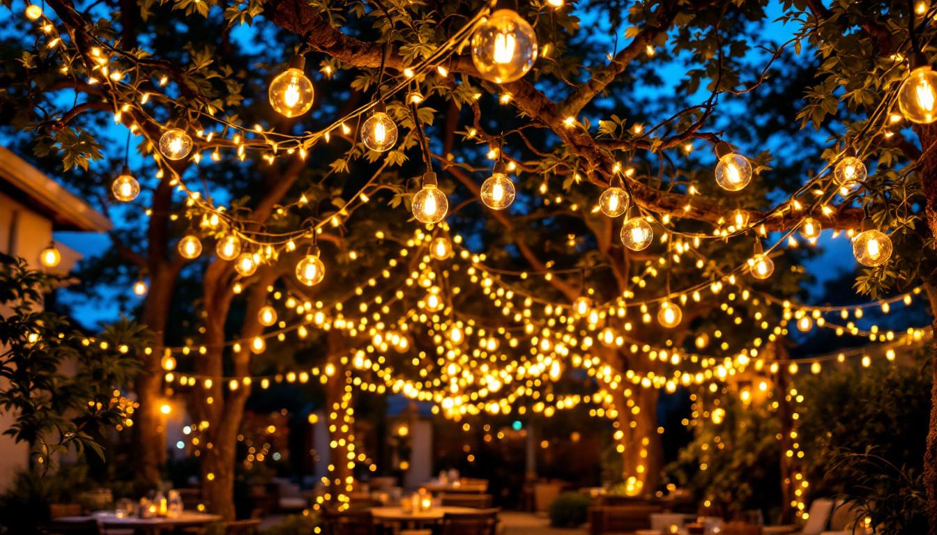 A photograph of a beautifully lit outdoor space featuring a variety of string lights elegantly draped across trees or patio areas