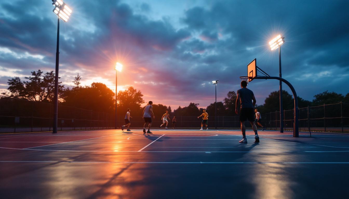 A photograph of a well-lit basketball court at dusk