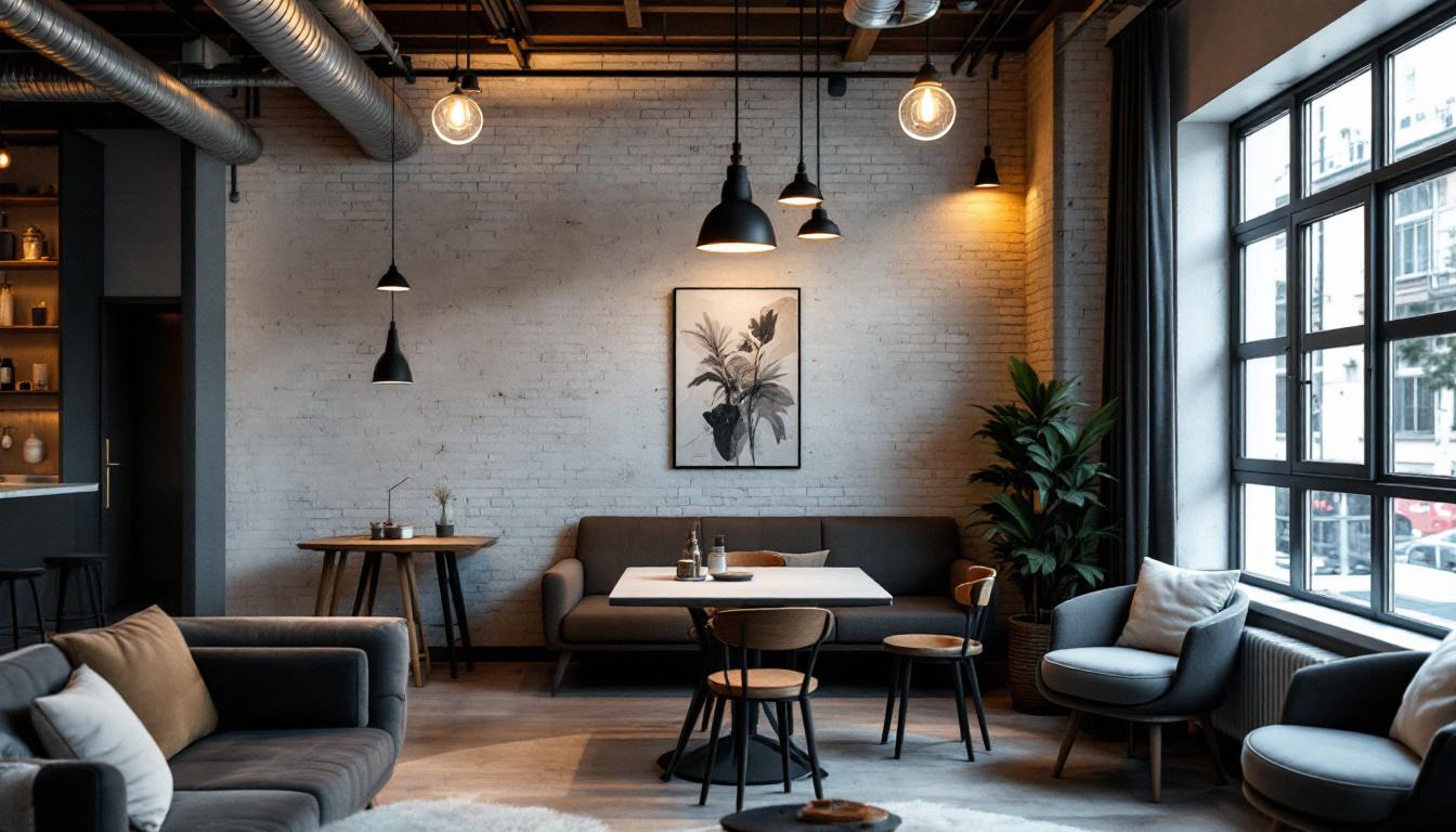 A photograph of a stylishly designed interior space featuring both industrial and commercial lighting elements