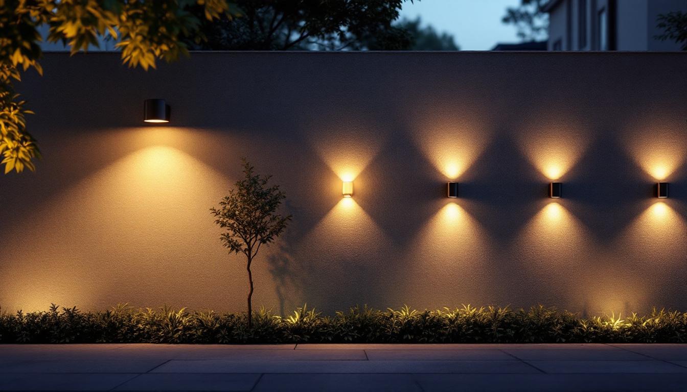 A photograph of a beautifully illuminated exterior wall showcasing various styles of wall-mounted lighting fixtures in a real-world setting