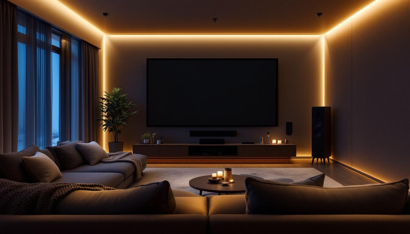 A photograph of a cozy home theatre setup featuring ambient lighting that highlights the seating area