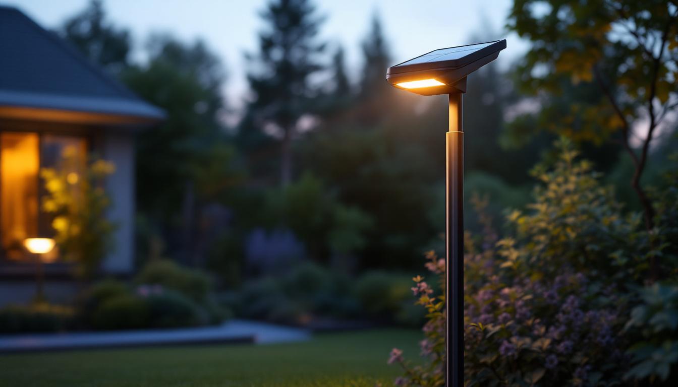A photograph of capture a photograph of a sleek solar-powered outdoor lamp post illuminated at dusk