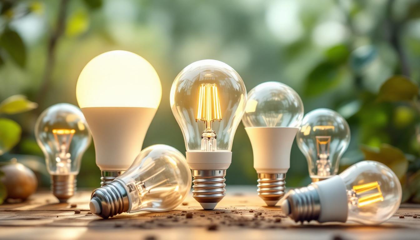 A photograph of a diverse range of eco-friendly lightbulbs displayed in a natural setting