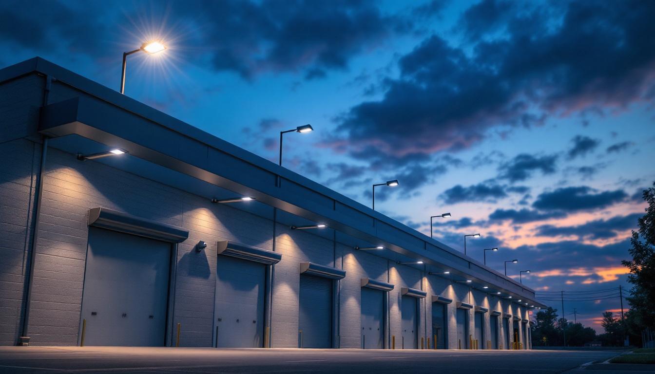 A photograph of a large-scale outdoor lighting installation showcasing under eave mounted led flood lights illuminating a commercial or industrial space at dusk