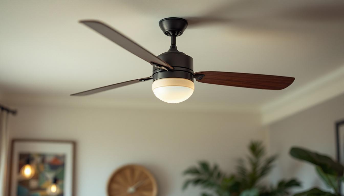 A photograph of a ceiling fan with a visible rotary switch