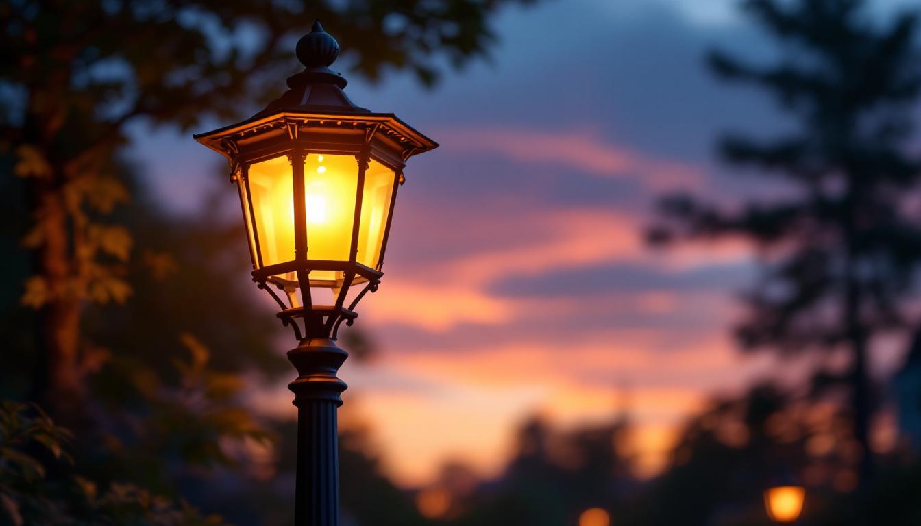 A photograph of a beautifully designed outdoor lamp post in a landscaped setting during twilight